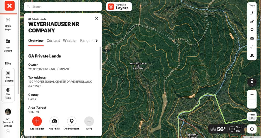 Screenshot of the onX map highlighting a Georgia hunting lease.