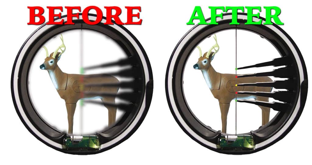 Photo of a bow sight with blurry pins compared to clear pins using a verifier.