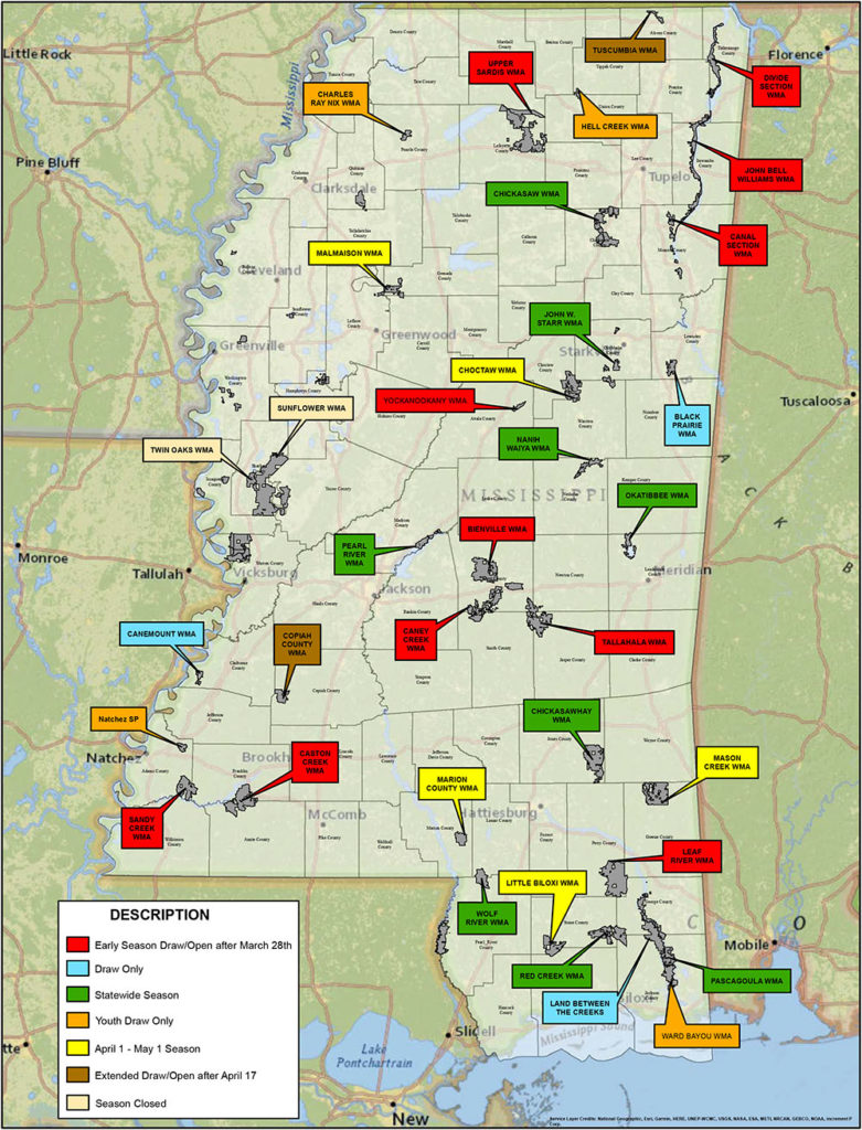 Map of 2023 Mississippi public land turkey hunts.