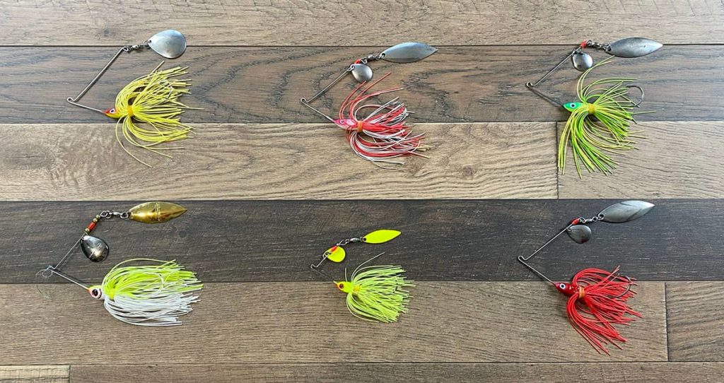 Six spinner baits in various color patterns.