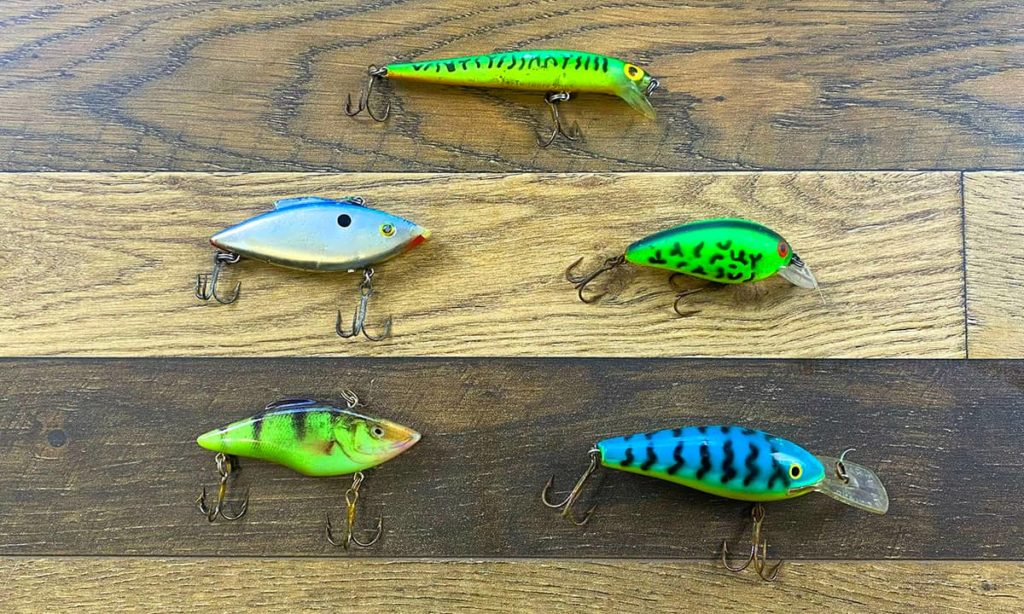 Five different crankbaits in various color patterns.