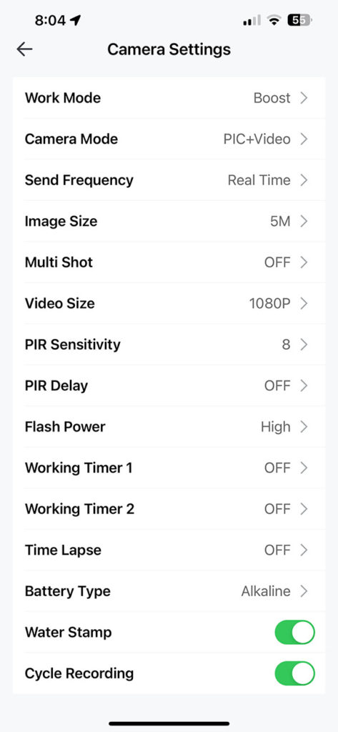 Screenshot of the Camojojo app settings.